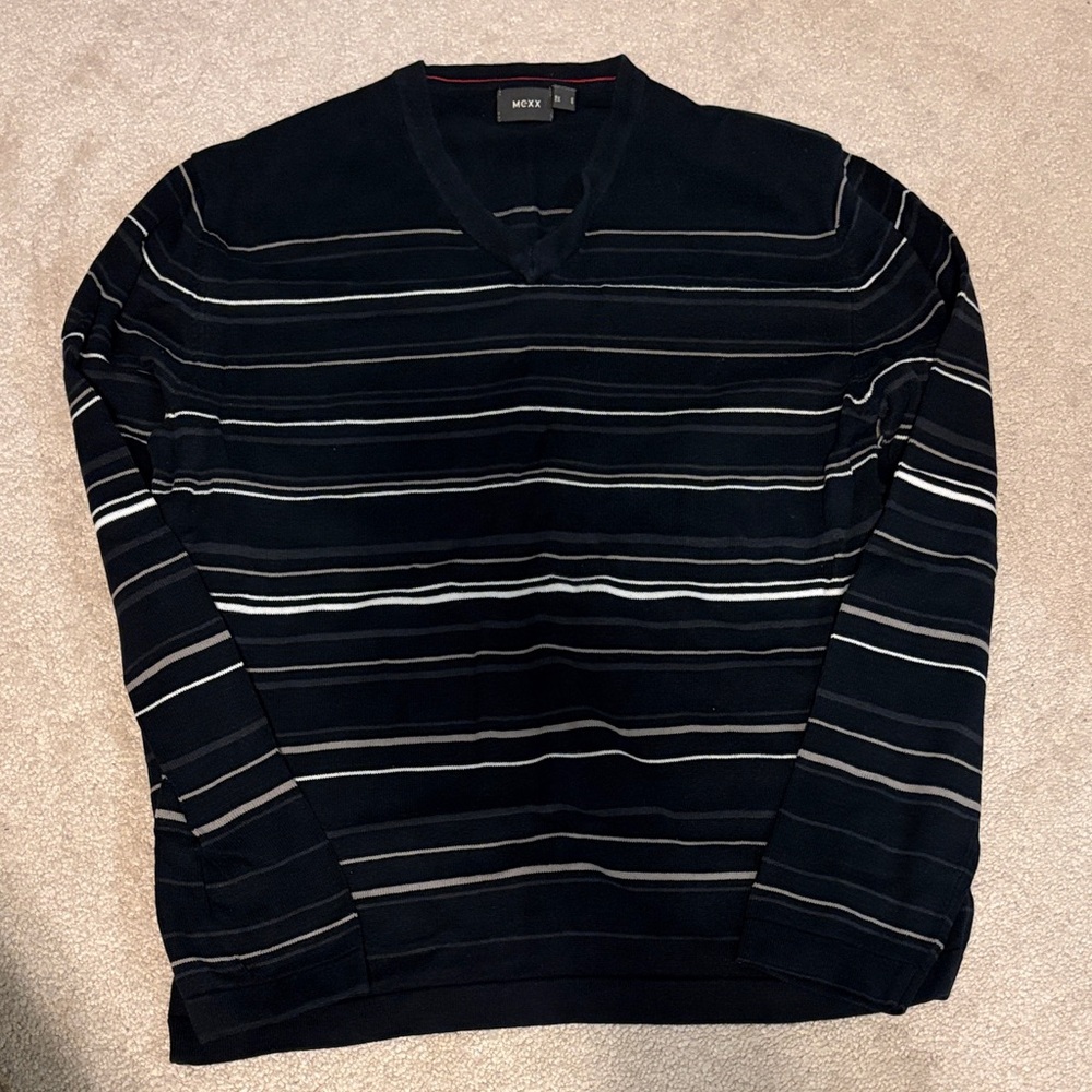 Mexx Men's V-Neck Sweater in Black with Gray Stripes
